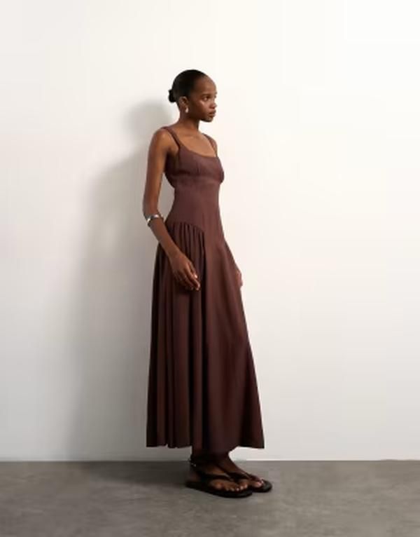 トップショップ レディース トップス ワンピース リネン マキシ Topshop dropped waist linen maxi dress in chocolate チョコレート