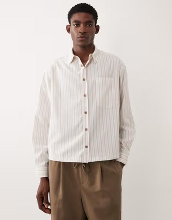 エイソス メンズ トップス シャツ ASOS DESIGN boxy oversized striped shirt BEIGE ベージュ