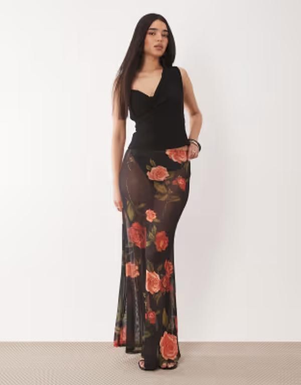 エイソス レディース ボトムスカート フラワー柄 プリント パッチワーク メッシュ シアー マキシ フラワー ASOS DESIGN printed mesheer maxi skirt in pat