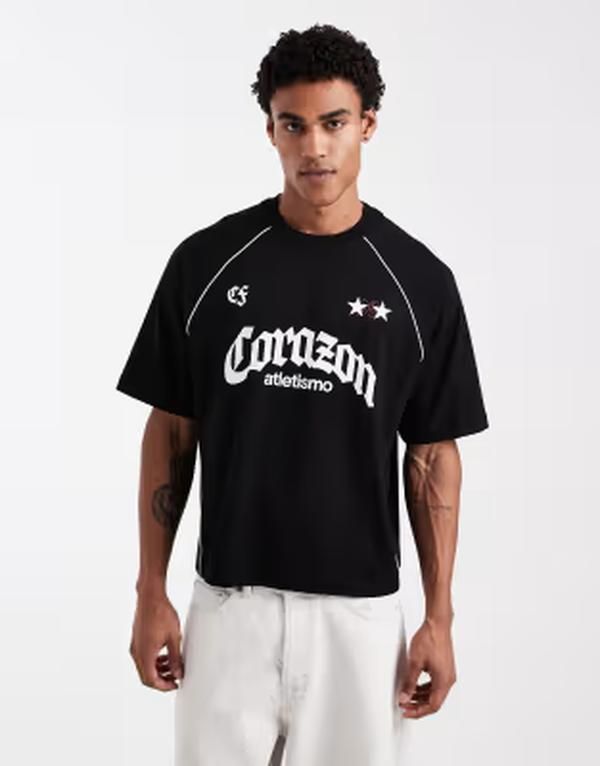 エイソス メンズ トップス Tシャツ グラフィック ASOS DESIGN boxy oversized tshirt with soccer graphics part of a set Black