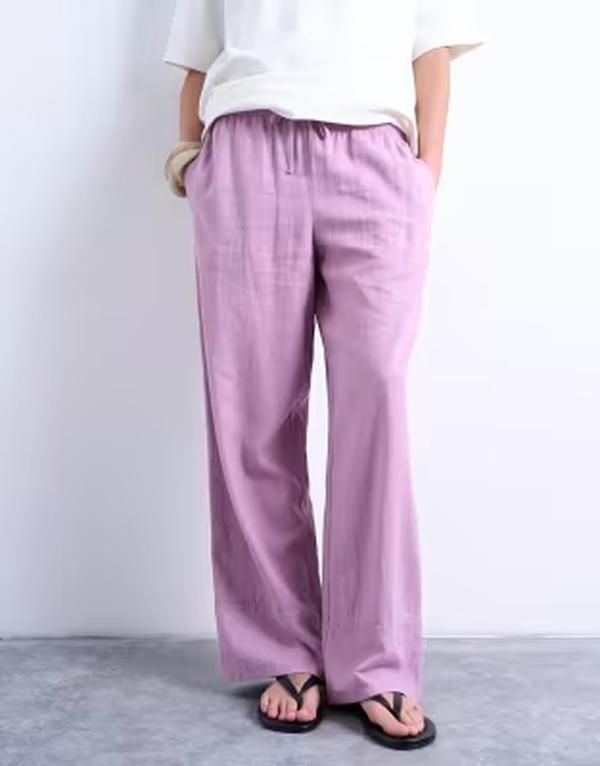 トップショップ レディース ボトムス カジュアルパンツ ストレート リネン Topshop linen blend straight leg pants with deep cuffs purple