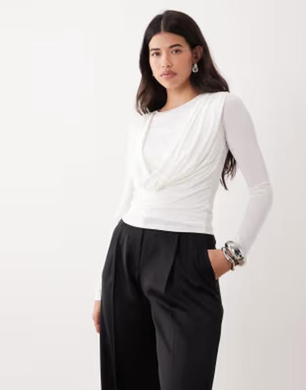 エイソス レディース トップス シャツ ASOS DESIGN cowl neck long sleeve top White ホワイト