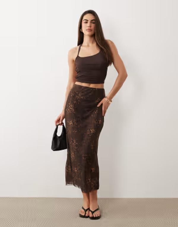 エイソス レディース ボトムスカート プリント メッシュ マキシ ASOS DESIGN printed mesh maxi skirt with slit in leopard Print アニマル