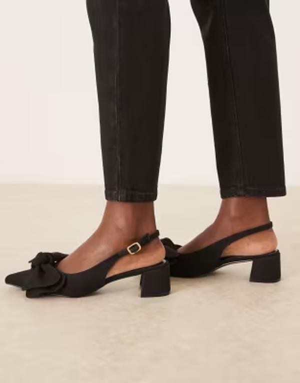 エイソス レディース シューズ ヒール リネン ASOS DESIGN Symbol bow slingback mid block heeled shoes linen look Black lin