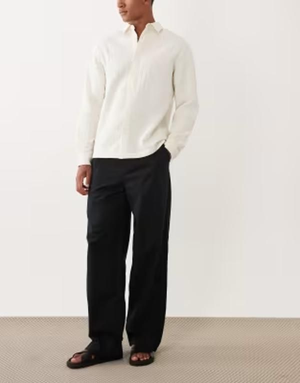 エイソス メンズ ボトムス カジュアルパンツ リネン ASOS DESIGN baggy fit linen blend pants Black ブラック
