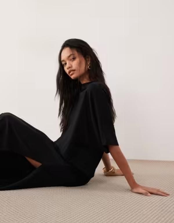 エイソス レディース トップス ワンピース ミディ Tシャツ ASOS DESIGN batwing Tshirt midi dress Black ブラック