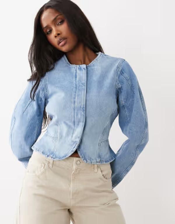 エイソス レディース アウター ジャケット・ブルゾン デニム ASOS DESIGN denim cinched barrel sleeve jacket in mid blue part of a