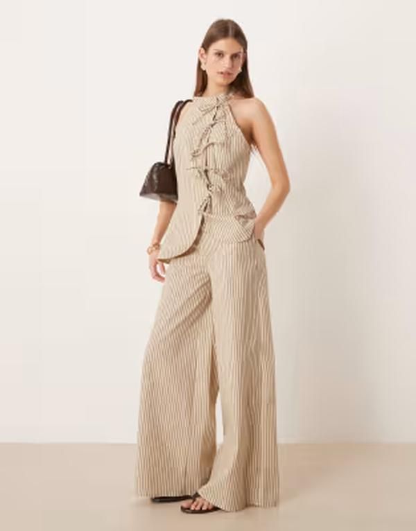 グラマラス レディース ボトムス カジュアルパンツ Glamorous thick waistband pull on pants and blue stripes part of a set Gre