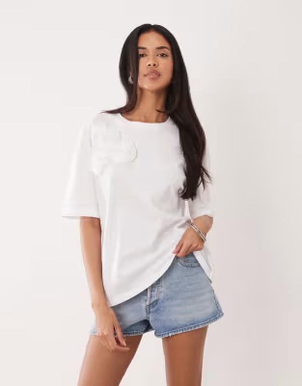 エイソス レディース トップス Tシャツ ASOS DESIGN oversized short sleeve corsage detail top WHITE ホワイト