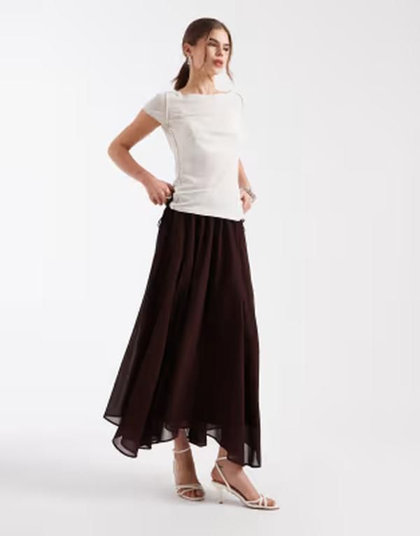 フォースレックレス レディース ボトムスカート シフォン アシンメトリー マキシ 4th Reckless chiffon shirred tie waist detail asymmetric he