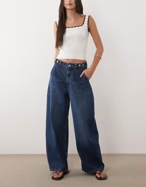エイソス レディース ボトムス デニムパンツ ASOS DESIGN barreleg jean with adjustable waist in darkwash BLUE ブルー