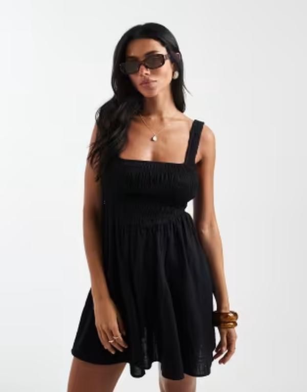 エイソス レディース トップス ワンピース ミニ ASOS DESIGN Fuller Bust Selina Beach shirred mini sundress Black ブラック