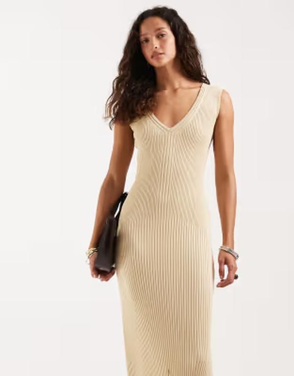 フォースレックレス レディース トップス ワンピース Vネック リブ ニット マキシ 4th Reckless ribbed knit v neck maxi dress in buttercream
