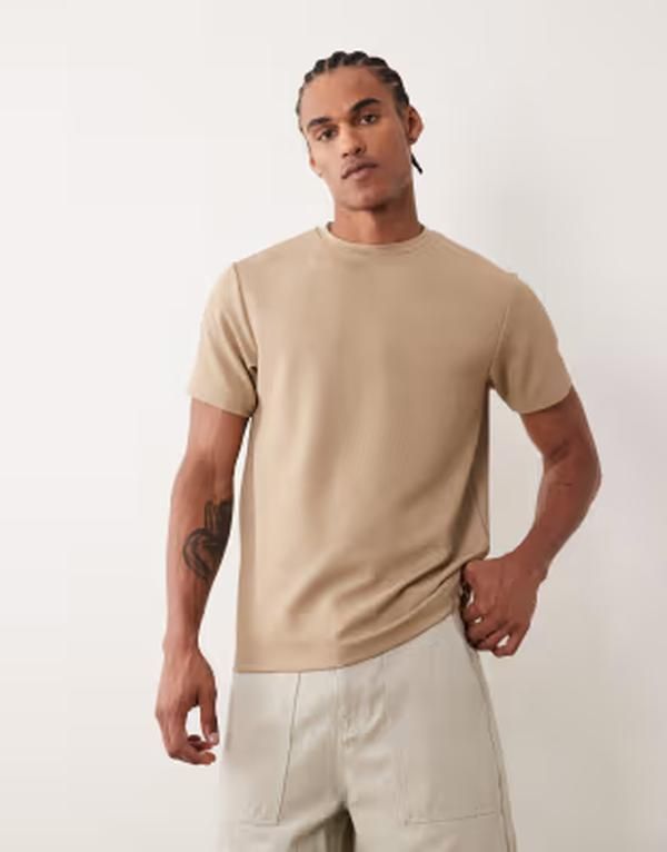 エイソス メンズ トップス Tシャツ レギュラーフィット ASOS DESIGN heavyweight regular fitshirt dressy texture Crockery ベージュ