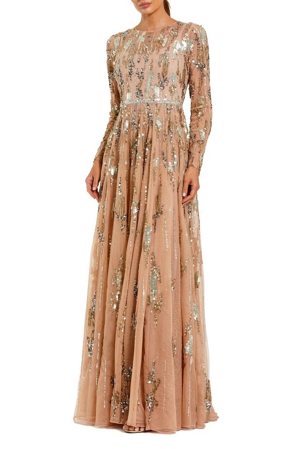 マックダガル レディース トップス ワンピース メッシュ Mac Duggal Womens Long Sleeve Mesh Embellished Eveningown Taupe トープ