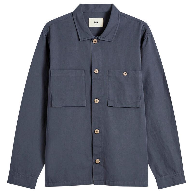 フォーク メンズ トップス シャツ Folk Patch Overshirt Dark Navy Slub Linen ネイビー