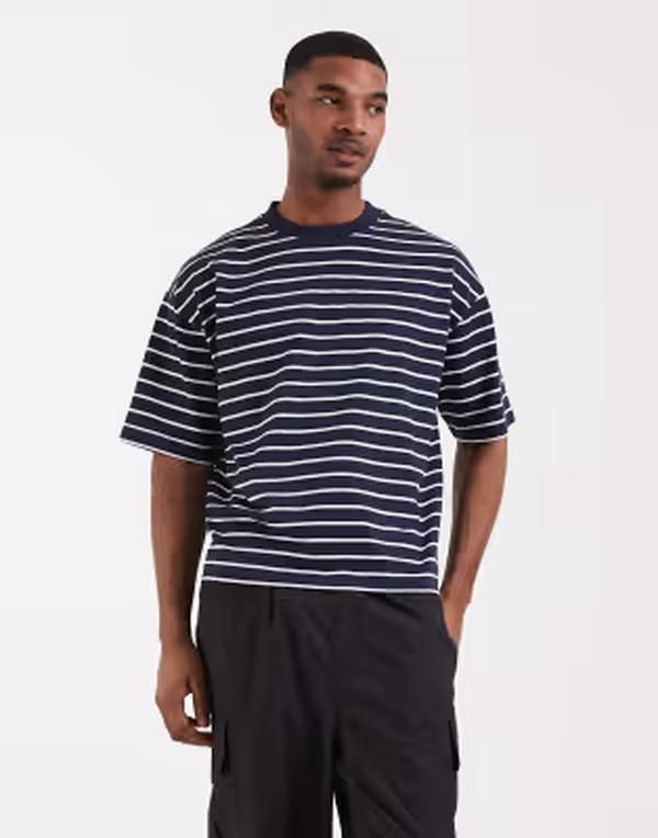 エイソス メンズ トップス Tシャツ ASOS DESIGN boxy oversized in Tshirt navy stripe Navy stripe ネイビー