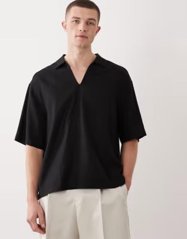 エイソス メンズ トップス シャツ リネン ASOS DESIGN boxy oversized overhead linen blend shirt Black ブラック