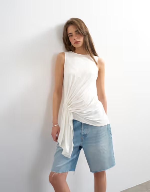 トップショップ レディース トップス タンクトップ ドレープ Topshop draped sidetail tank top WHITE ホワイト