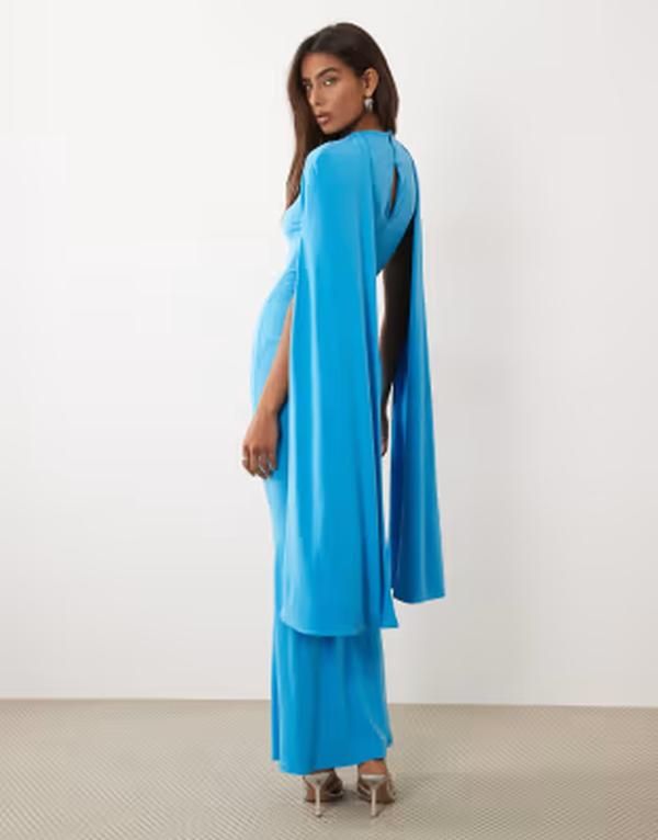 エイソス レディース トップス ワンピース ケープデザイン キャップ ケープ マキシ ASOS DESIGN slinky maxi dress with cape detail Blue ブルー