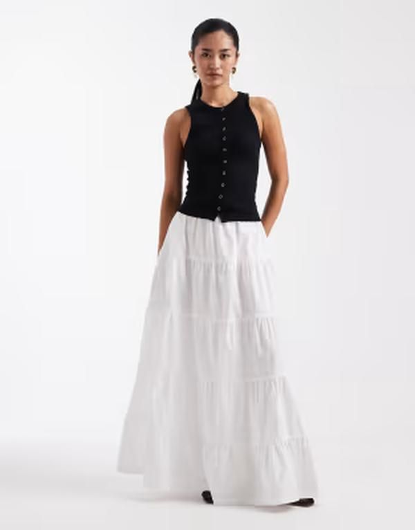 スリードベア レディース ボトムスカート ティアード マキシ Threadbare poplin tiered maxi skirt WHITE ホワイト