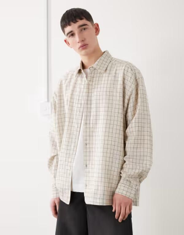コルージョン メンズ トップス シャツ COLLUSION oversized long sleeve shirt ineutral plaid NEUTRAL チェック
