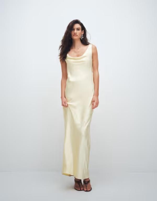 フォースレックレス レディース トップス ワンピース サテン レース マキシ 4th Recklessatin cowl neck lace back maxi dress in lemon