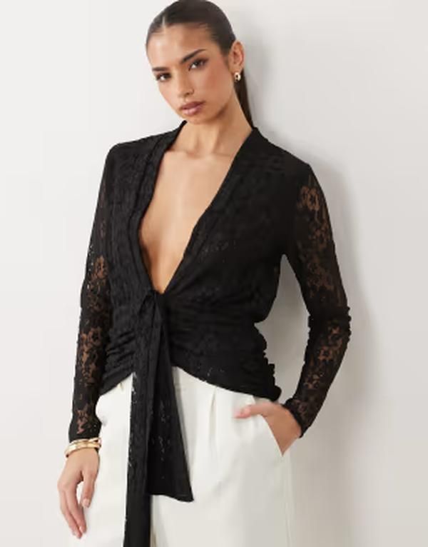 エイソス レディース トップス シャツ レース ASOS DESIGN lace long sleeve plunge top with tie waist Black ブラック