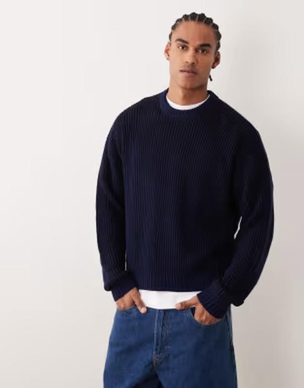 エイソス メンズ アウター ニット・セーター リブ ASOS DESIGN oversized knit ribbed sweater NAVY ネイビー