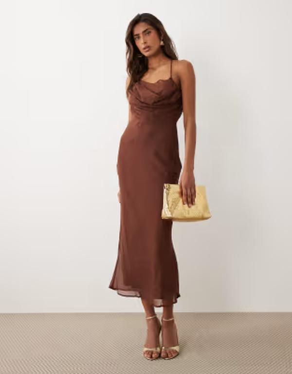エイソス レディース トップス ワンピース ミディ ASOS DESIGN strappy cami cowl neck paneled bias midi dress in chocolate チョ