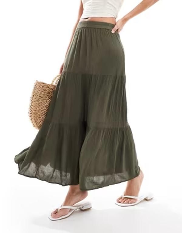 オンリー レディース ボトムスカート ティアード マキシ ONLY tiered maxi skirt in olive Grape leaf グレープ