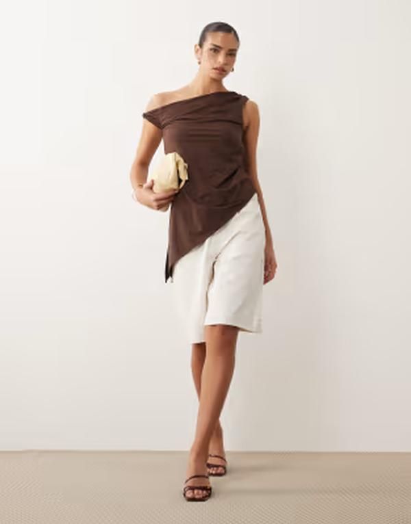 エイソス レディース トップス Tシャツ アシンメトリー リネン ASOS DESIGN mix match linen look longline top with asymmetric hem B