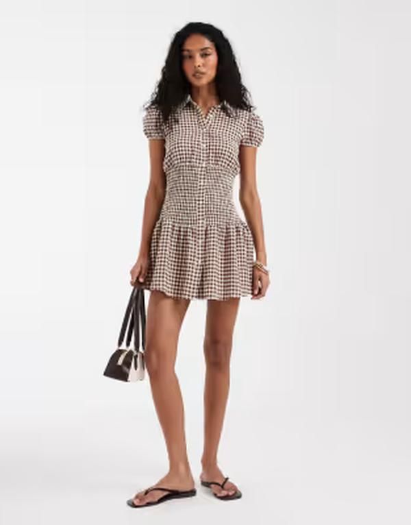 エイソス レディース トップス ワンピース ギンガムチェック ミニ シャツ ギンガム ASOS DESIGN shirt mini dress with puff sleeve gingham BRO