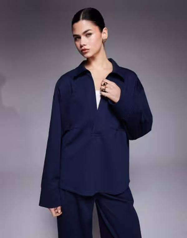 エイソス レディース トップス シャツ ASOS DESIGN oversized interlock shirt with pocket detail part of a set NAVY ネイビー