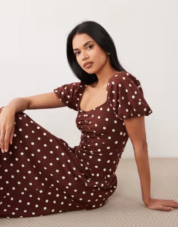 エイソス レディース トップス ワンピース ドット ギャザー ASOS DESIGN ruched front midaxi day dress in chocolate polka dots Pol