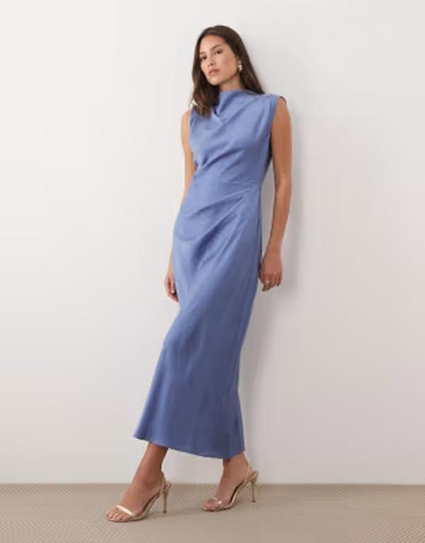 エイソス レディース トップス ワンピース ハイネック プリーツ ミディ サテン ASOS DESIGN satin high neck pleated bodice midi dress BLUE