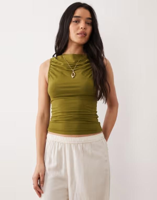 ミスセルフフリッジ レディース トップス タンクトップ ギャザー Misselfridge ruched front slash neck top Khaki カーキ