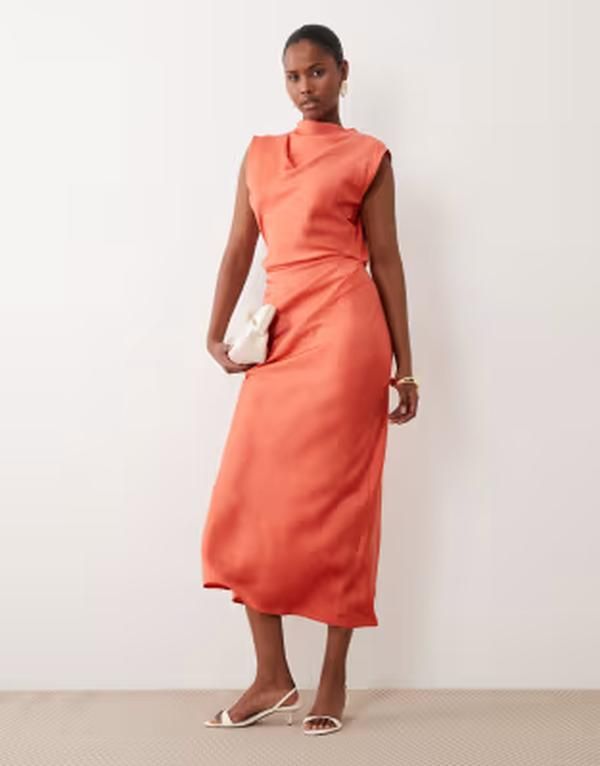 エイソス レディース トップス ワンピース ハイネック プリーツ ミディ サテン ASOS DESIGN satin high neck pleated bodice midi dress in pe