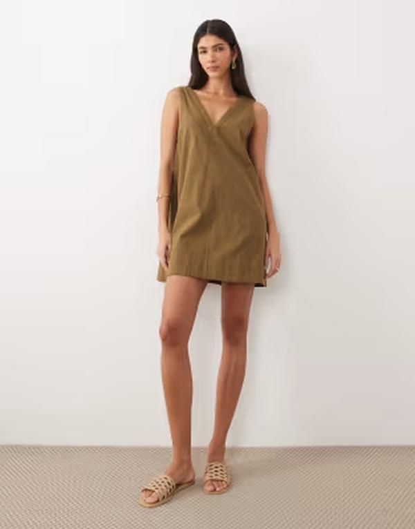 エイソス レディース トップス ワンピース Vネック ミニ ASOS DESIGN v neck smock mini dress in olive オリーブ