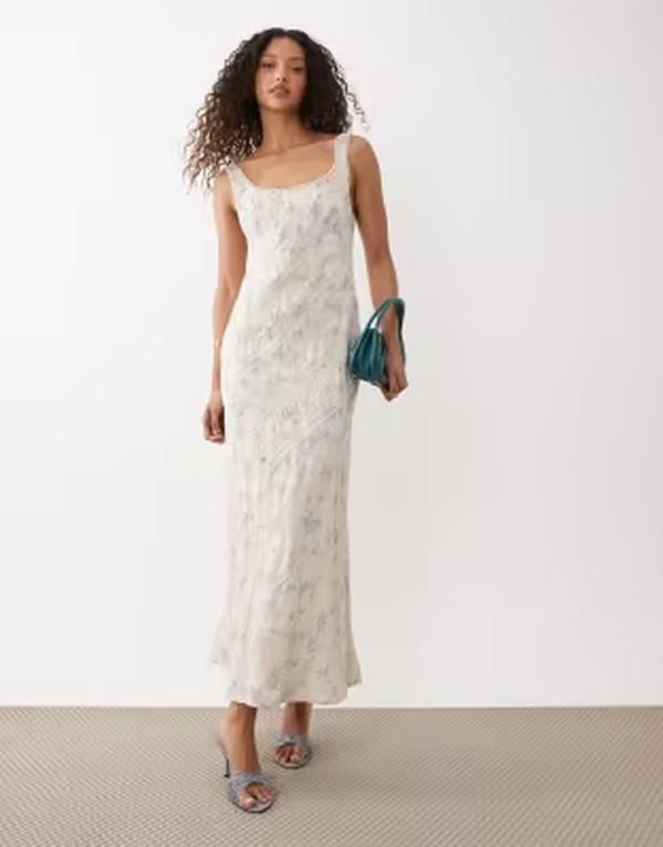 エイソス レディース トップス ワンピース フラワー柄 プリント ミディ 刺繍 フラワー ASOS DESIGN embroidered midi slip dress in ecru with bl