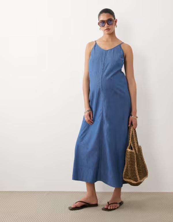 ママライシアス レディース トップス ワンピース ミディ デニム マタニティ Mamalicious Mamalicious Maternity cami strap chambray denimid