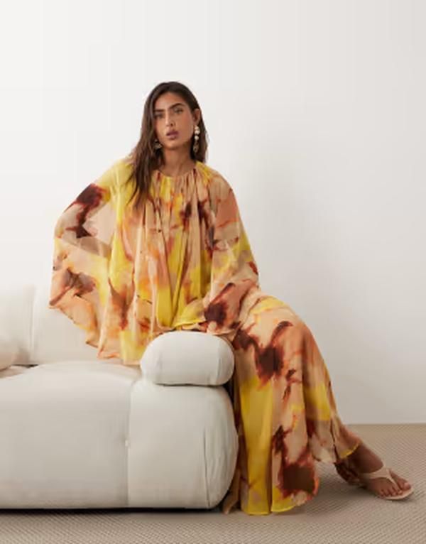 エイソス レディース トップス ワンピース シフォン フラワー柄 プリント フリル オーバーレイ マキシ フラワー ASOS DESIGN trapeze overlay chiffon maxi d