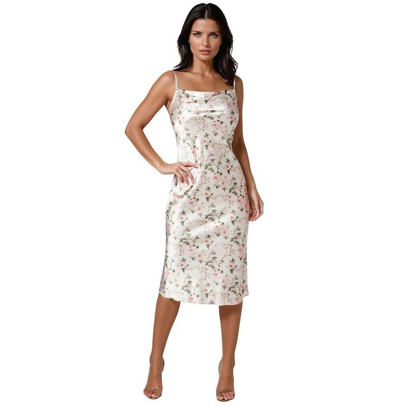 ベベ レディース トップス ワンピース プリント ミディ サテン Womens bebe Print Satin Slip Midi Dress Pinkwhite