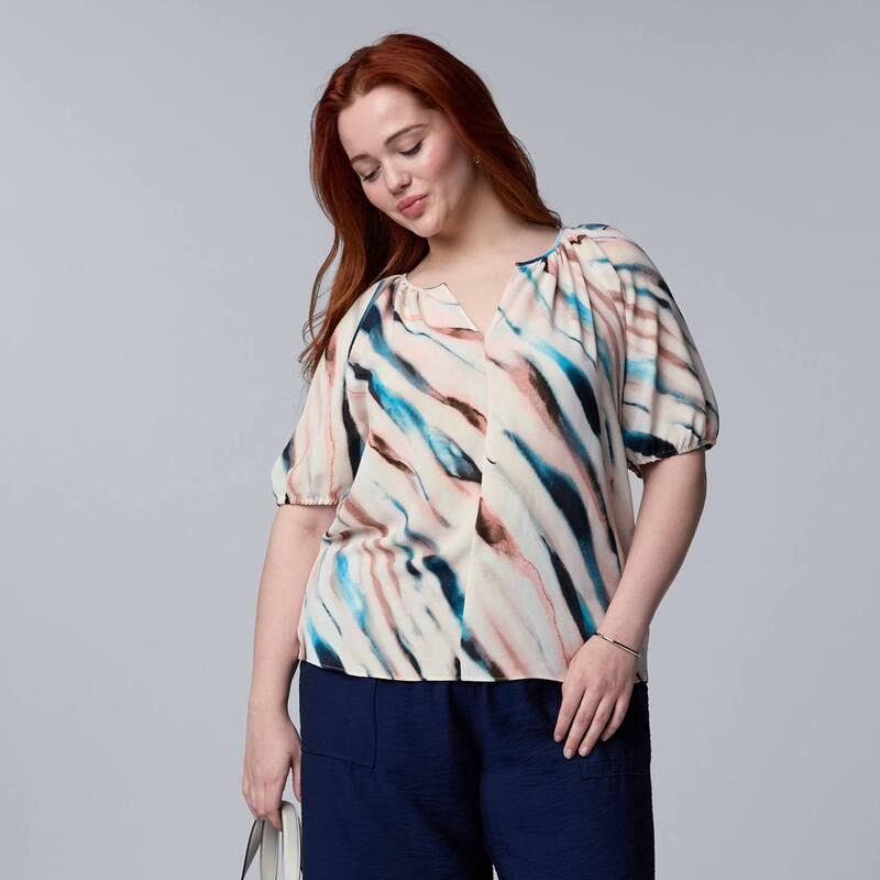 ヴェラウォン レディース トップス シャツ プラスサイズ ブラウス Plusize Simply Vera Wang Shirred Blouse Blue Pink Dye ブルー