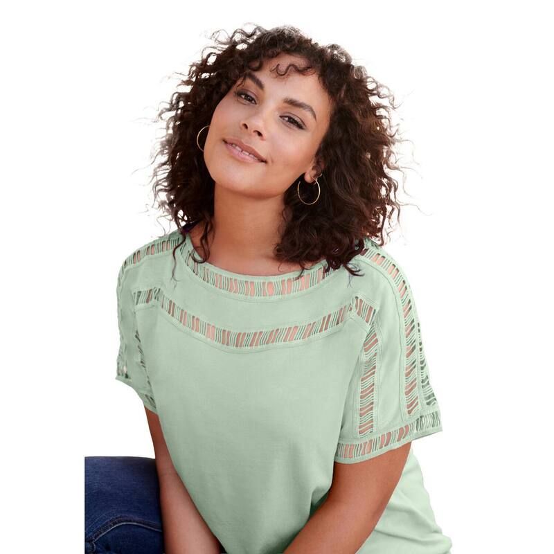 ロアマンズ レディース トップス Tシャツ プラスサイズ Roamans Womens Plusize Ladder Stitch Tee Ice Jade