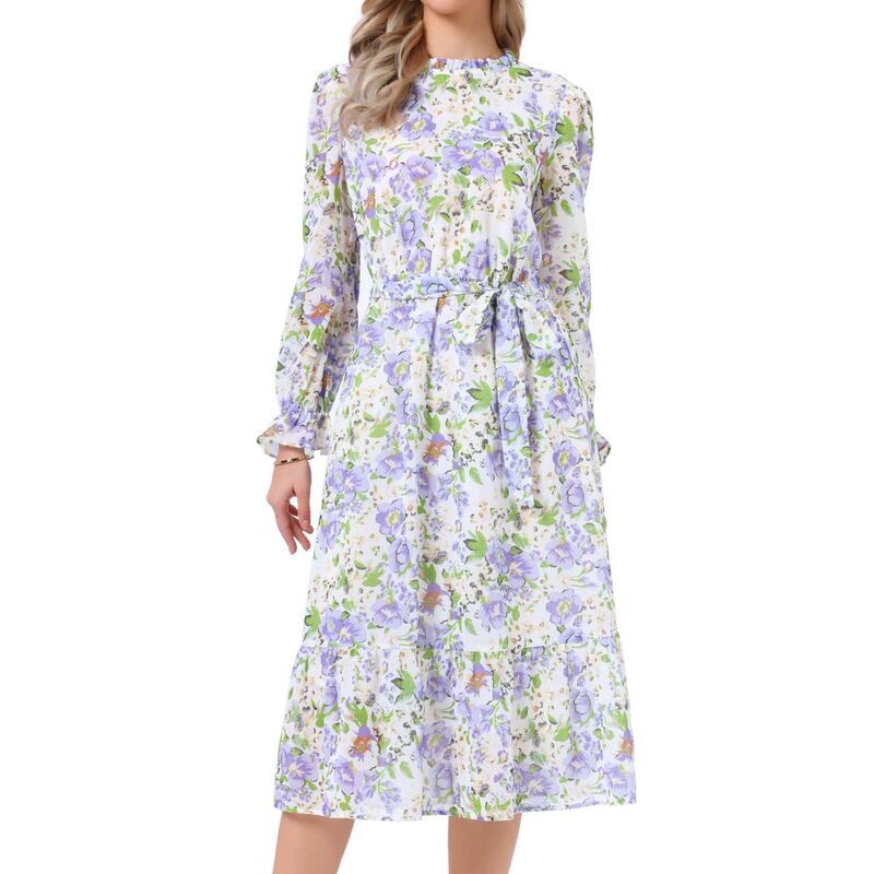 アレグラ ケー レディース トップス ワンピース モックネック シフォン フラワー柄 ミディ フラワー ALLEGRA K Floral Mock Neck Dress for Womens Long
