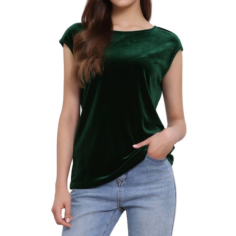 アレグラ ケー レディース トップス Tシャツ クルーネック ベルベット キャップ ブラウス ALLEGRA K Velvet Blouse for Womens Cap Sleeve Office