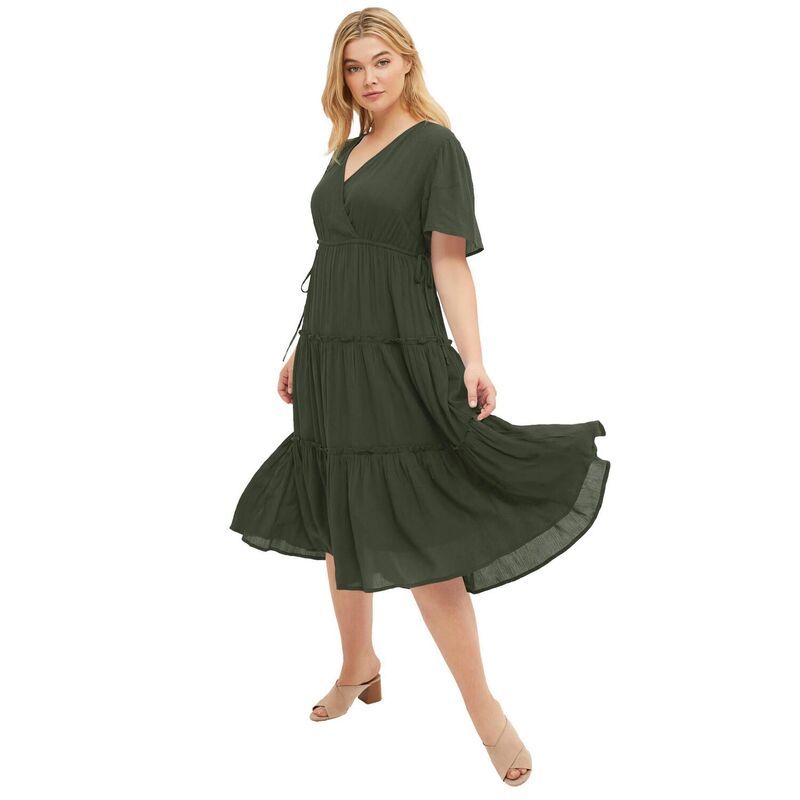 Ellos レディース トップス ワンピース ティアード プラスサイズ ミディ Ellos Plusize Tiered Midi Dress With Surplice Neckline Deep