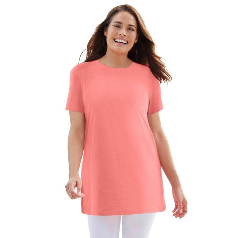 ウーマン ウィズイン レディース トップス Tシャツ クルーネック プラスサイズ Woman Within Plusize Perfect Crewneck Tunic Sweet Coral コーラ
