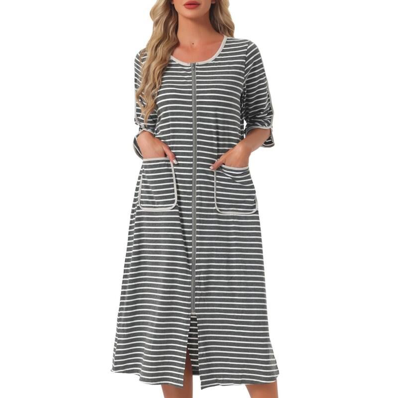 cheibear レディース アンダーウェア ナイトウェア cheibear Womens Zip Front Robe 34 Sleeve Striped Long Bathrobe Dress P